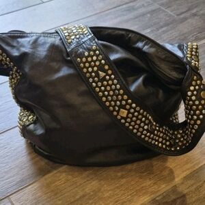 Vintage Black Genuine Leather Studded Detail Shoulder Crossbody Boho Bag